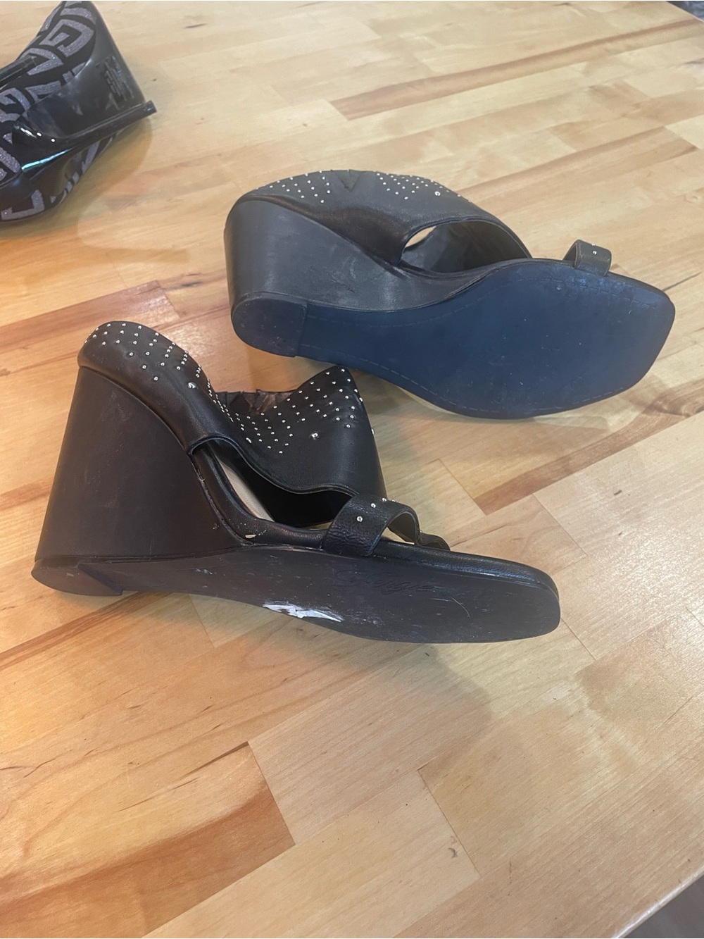 Fergie Black Wedge Sandals with Stud Accents